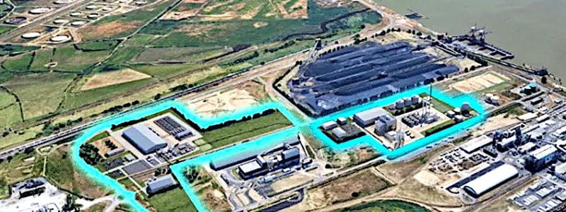 Platsen för projekten av Lhyfe markerade i grönt och Elyse Energy markerade i blått, i det industriella hamnområdet Montoir-de-Bretagne. Foto: Lhyfe