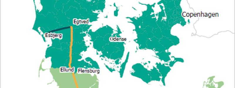 Det är ännu oklart hur lång ledningen kommer att vara, men den kommer att korsa den tysk-danska gränsen på land, nära staden Flensburg, för att troligen sedan förlängas till de industriella klustren i Kiel och Hamburg. Karta: Energinet