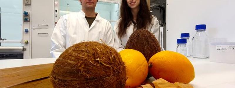– Träet ger styrka, den citronbaserade polymeren möjliggör transparens, och den kokosnötsbaserade komponenten lagrar värmeenergi, säger Céline Montanari, här tillsammans med forskarkollegan Peter Olsén.