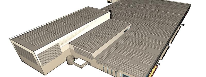 Solceller modellerade på tak och fasader av Solcellsspecialisten på fastigheten under utveckling av LC. Illustration: Solcellsspecialisten.