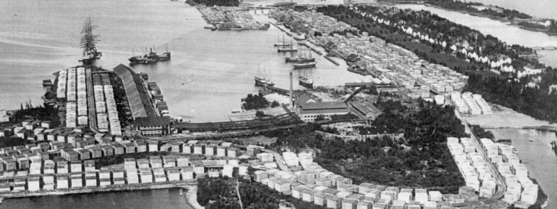 Historisk bild över Norrbyskär. Mellan åren 1895 och 1952 var Mo Ångsåg ett av Europas största sågverk. Det lades ned 1952. Foto: Historisk bild över Norrbyskär.