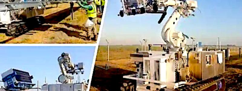 De två Paneltransportrobotarna sköter transporten av solpaneler från lastningsområdet till installationsplatsen. På så sätt säkras ett jämnt flöde av paneler utan driftstopp. Foton: Robotics-företaget ULC Technologies