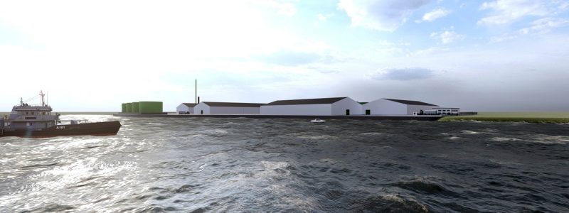 Visionsbild av Green2x biogasprojekt i hamnen i Vordingborg på Själland. Bild: Vordingborg  Biofuel