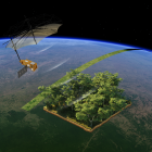 Illustration av Biomass när den mäter jordens skogar. Bild: ESA
