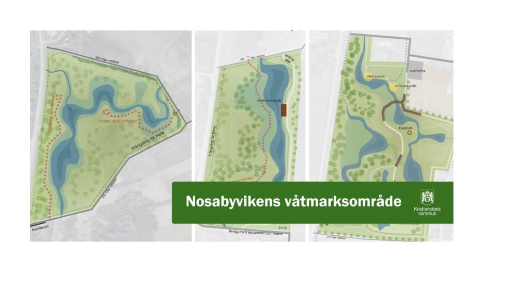 Illustration på de norra, mellersta och södra delarna av Nosabyvikens våtmarksområde. Illustration: Kristianstads kommun