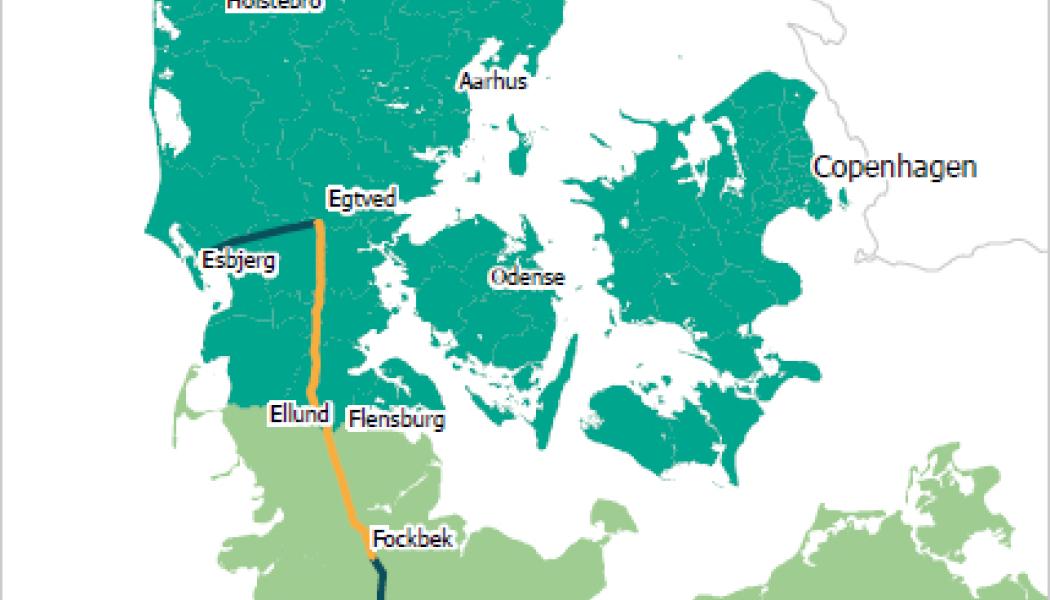 Det är ännu oklart hur lång ledningen kommer att vara, men den kommer att korsa den tysk-danska gränsen på land, nära staden Flensburg, för att troligen sedan förlängas till de industriella klustren i Kiel och Hamburg. Karta: Energinet