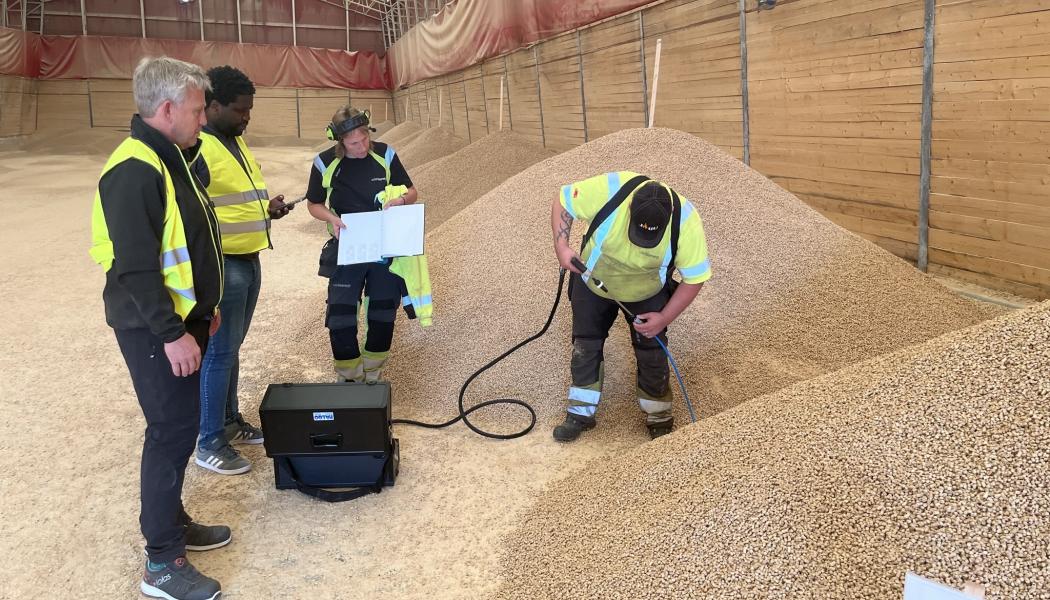 Projektdeltagare från Solör Bioenergi och Karlstads universitet på plats i pelletsfabriken i Älvdalen. Foto: Solör