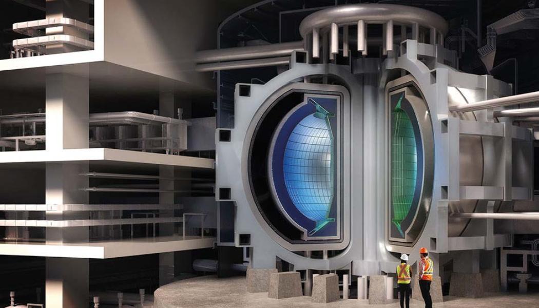 En rendering av hur det ser ut inuti General Atomics fusionspilotanläggning. Illustration: General Atomics
