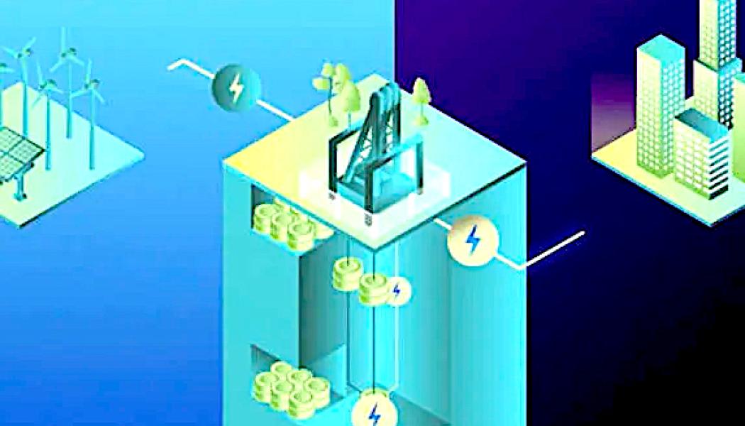 Gravitation till hjälp. I gamla gruvschakt kan man bygga gravitationsbatterier. Illustrationen visar tekniken från Green Gravity. BILD: GREEN GRAVITY