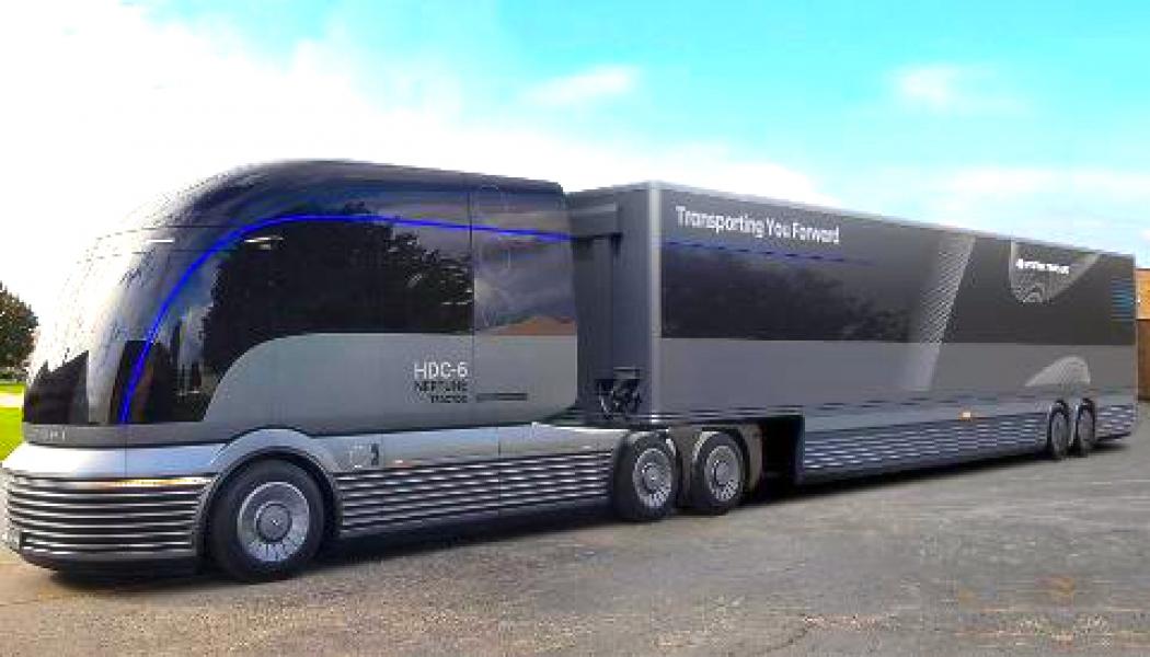 I ett försök att främja företagets image som en ledande tillverkare av renenergifordon som använder vätebränsleceller, debuterade den sydkoreanska biltillverkaren Hyundai Motor en konceptmodell för sin kommersiella vätgasdrivna tunga lastbil på en kommersiell fordonsmässa i USA. Foto: Hyundai Motor
