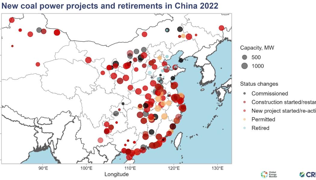 Nya kolkraftsprojekt och avvecklade kolkraftverk (pensioneringar) i Kina 2022. Källa:Center for Research on Energy and Clean Air/Center for Global Sustainability vid University of Maryland.