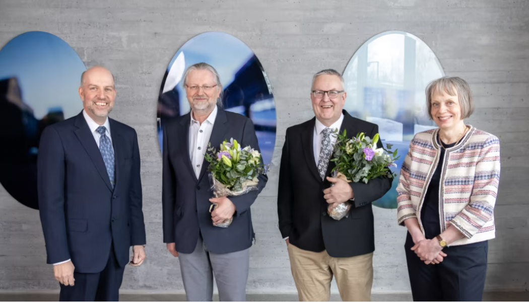 Fr v Mikael Hannus, Marcus Wallenbergstiftelsen, Herbert Sixta, Aalto-universitetet, Ilkka Kilpeläinen, Helsingfors universitet och Johanna Buchert, Marcus Wallenbergstiftelsen. Foto: Aalto-universitetet/Mikko Raskinen