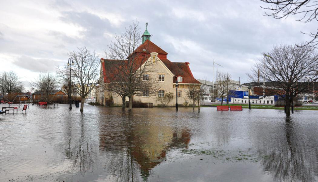 Bilden, från 2015, visar översvämning i centrala Uddevalla när hela Teaterplantagen runt gamla badhuset översvämmades. Foto: Tomas Brandt, Bohusläns museum / CC BY.
