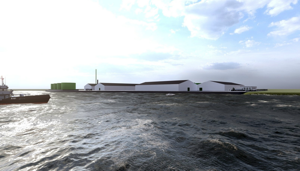 Visionsbild av Green2x biogasprojekt i hamnen i Vordingborg på Själland. Bild: Vordingborg  Biofuel