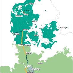 Det är ännu oklart hur lång ledningen kommer att vara, men den kommer att korsa den tysk-danska gränsen på land, nära staden Flensburg, för att troligen sedan förlängas till de industriella klustren i Kiel och Hamburg. Karta: Energinet