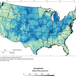 Den amerikanska geologiska undersökningen (U.S. Geological Survey) publicerade nyligen den första kartan över potentiella platser för naturligt förekommande geologiska vätgasresurser i de sammanhängande delstaterna i USA. Kartan speglar en systematisk analys av geologiska förhållanden som är gynnsamma för vätgas och baseras på en nyutvecklad metodik. Karta: U.S. Geological Survey