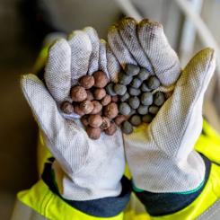 Oxiderade järnpellets (vänster) och järnsvamp efter vätgasreduktion (höger). Foto: GreenIron