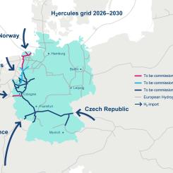 H2ercules öppnar också nya möjligheter att koppla framtida vätgasförbrukningscentra i Tyskland till viktiga importrutter, först via pipelines från Belgien och Nederländerna, och senare från Norge samt södra och östra Europa, med ytterligare utsikter för importterminaler för gröna molekyler i norra Tyskland. Projektet bidrar därmed betydligt till skapandet av en europeisk vätgasmarknad. Karta: RWE