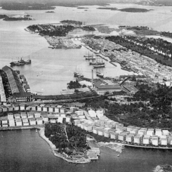 Historisk bild över Norrbyskär. Mellan åren 1895 och 1952 var Mo Ångsåg ett av Europas största sågverk. Det lades ned 1952. Foto: Historisk bild över Norrbyskär.