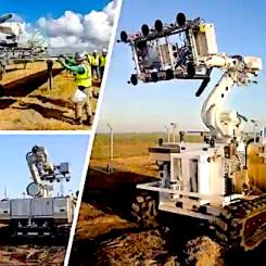 De två Paneltransportrobotarna sköter transporten av solpaneler från lastningsområdet till installationsplatsen. På så sätt säkras ett jämnt flöde av paneler utan driftstopp. Foton: Robotics-företaget ULC Technologies
